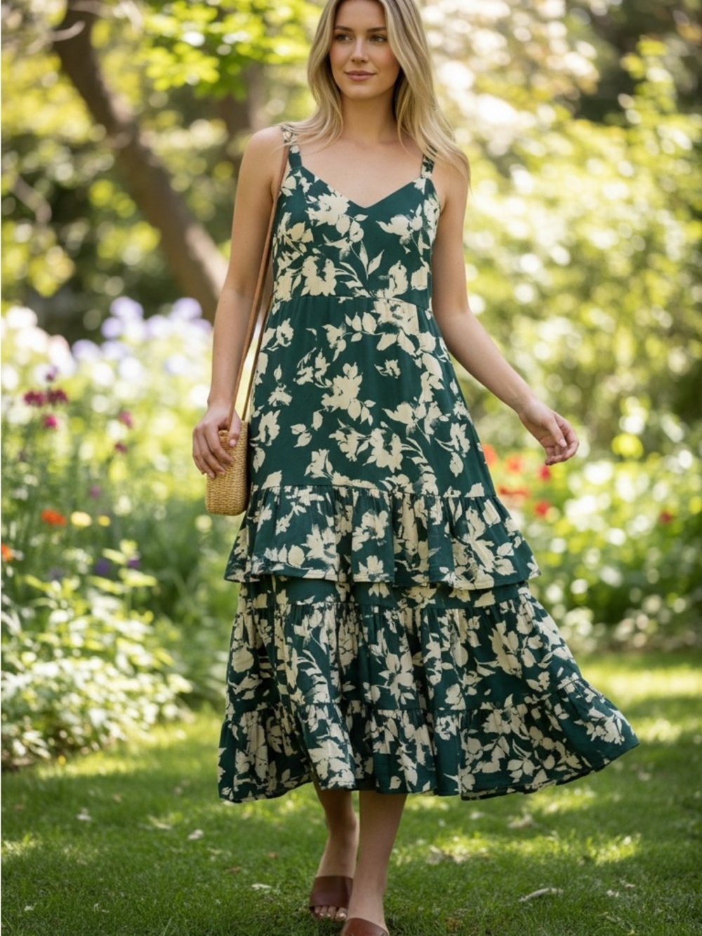 Abercrombie & Fitch Green and Cream Floral Tiered Maxi Dress SZ small